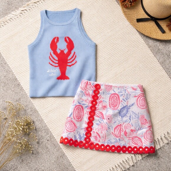 Lilly Pulitzer Sweater Tank Womens Size L Jacarda Blue Lobster Graphic Halter - Picture 2 of 7